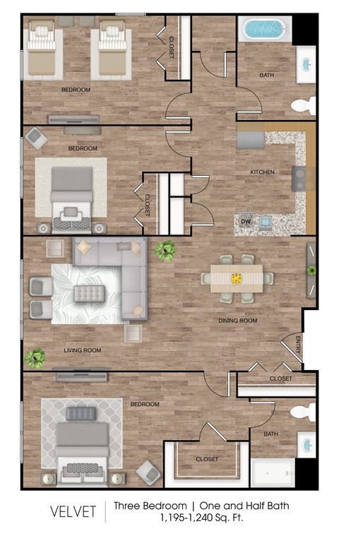 A floor plan of a three bedroom apartment with one and a half baths.